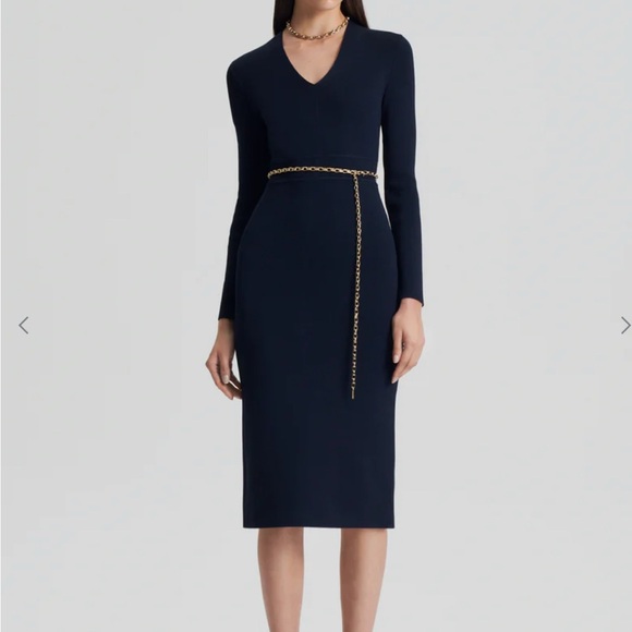 [$700] Scanlan Theodore Crepe Knit V Neck Navy Long Sleeve Dress. size Large - Picture 4 of 13